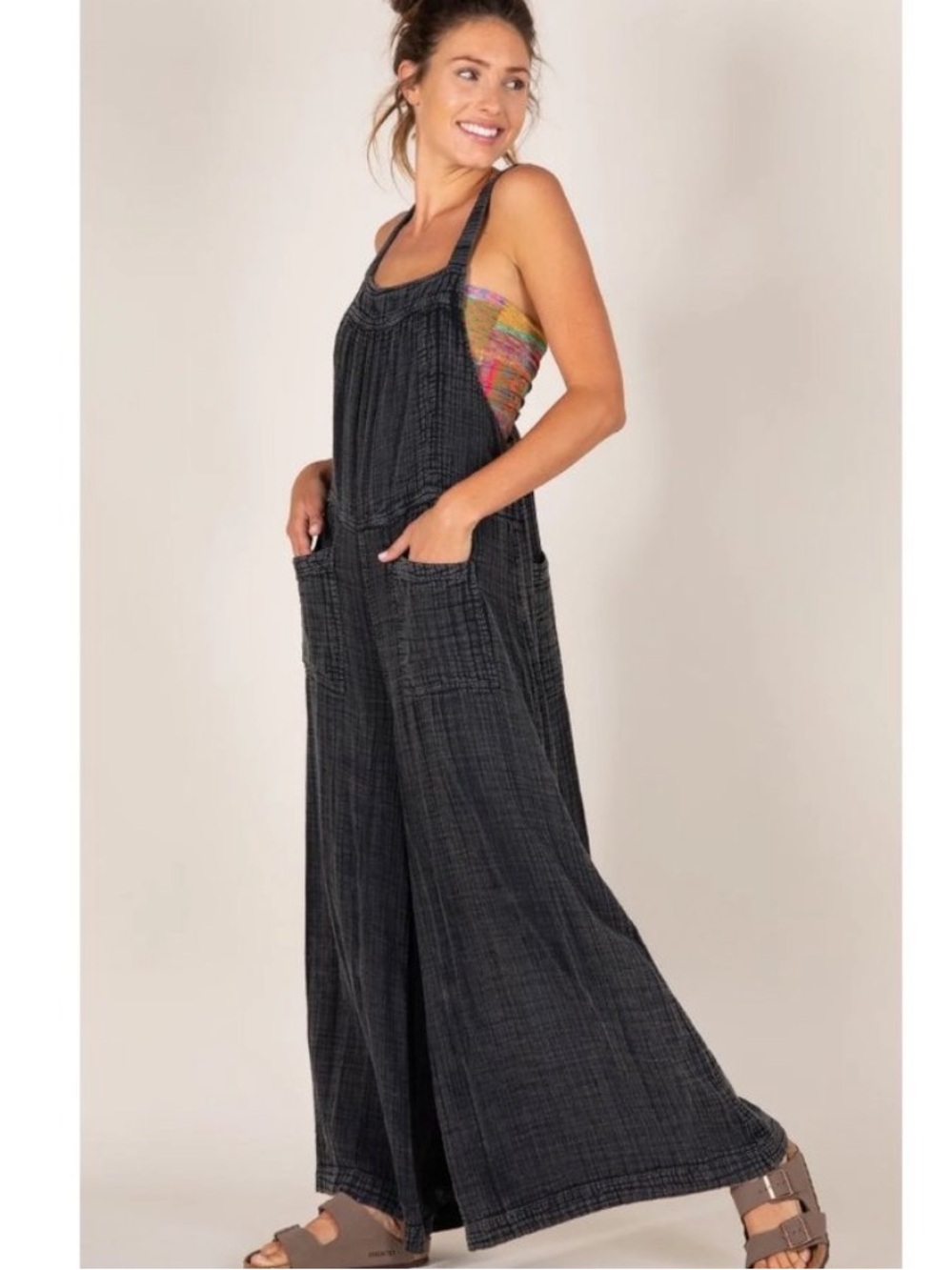 NATURAL LIFE Black Wide-Leg Cotton Overalls